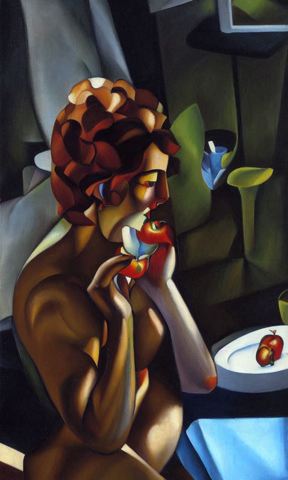 Stylized painting of woman with fruit at table in sharp contrasts