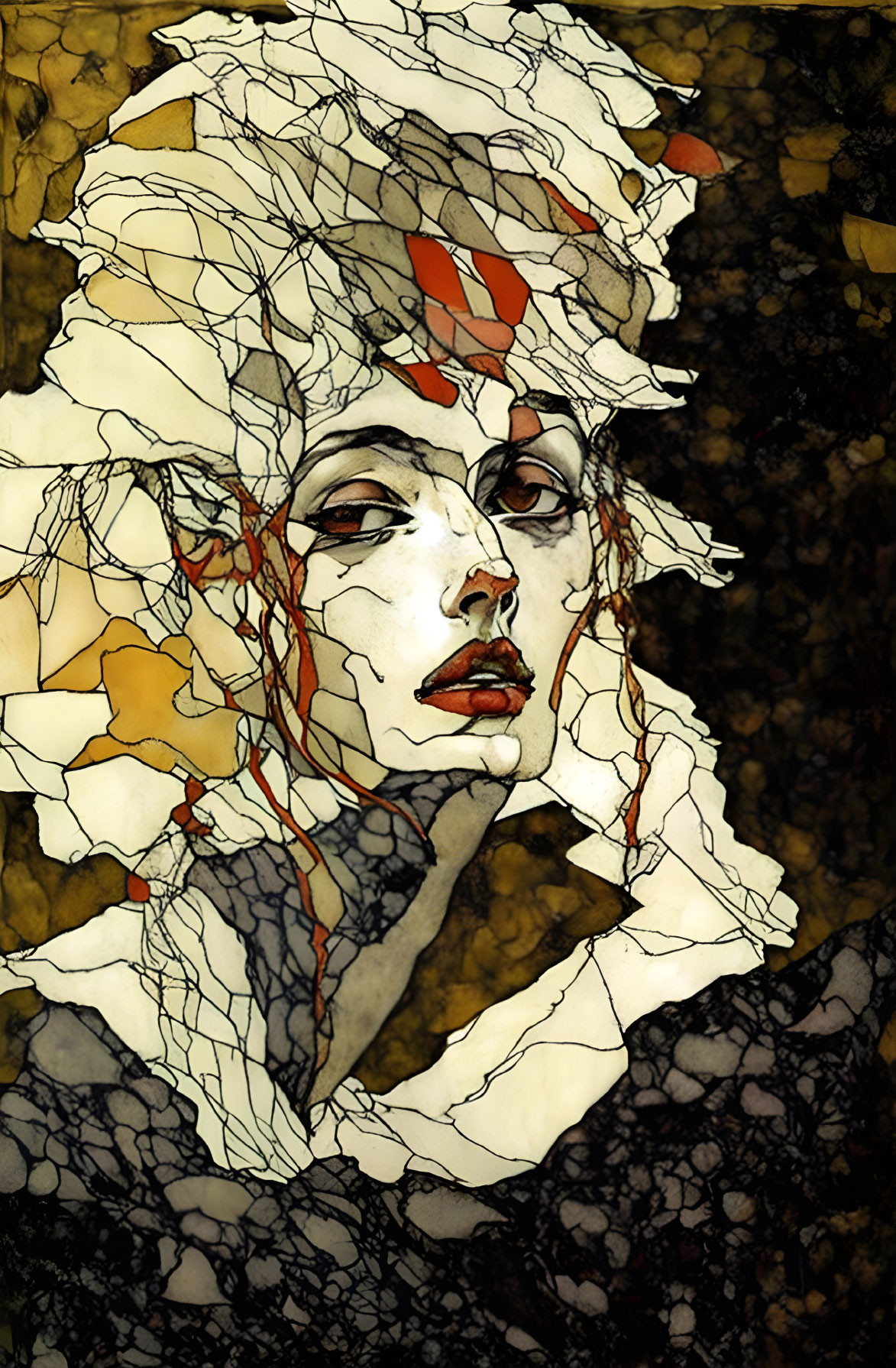 Fragmented white visage with red accents on golden mosaic background