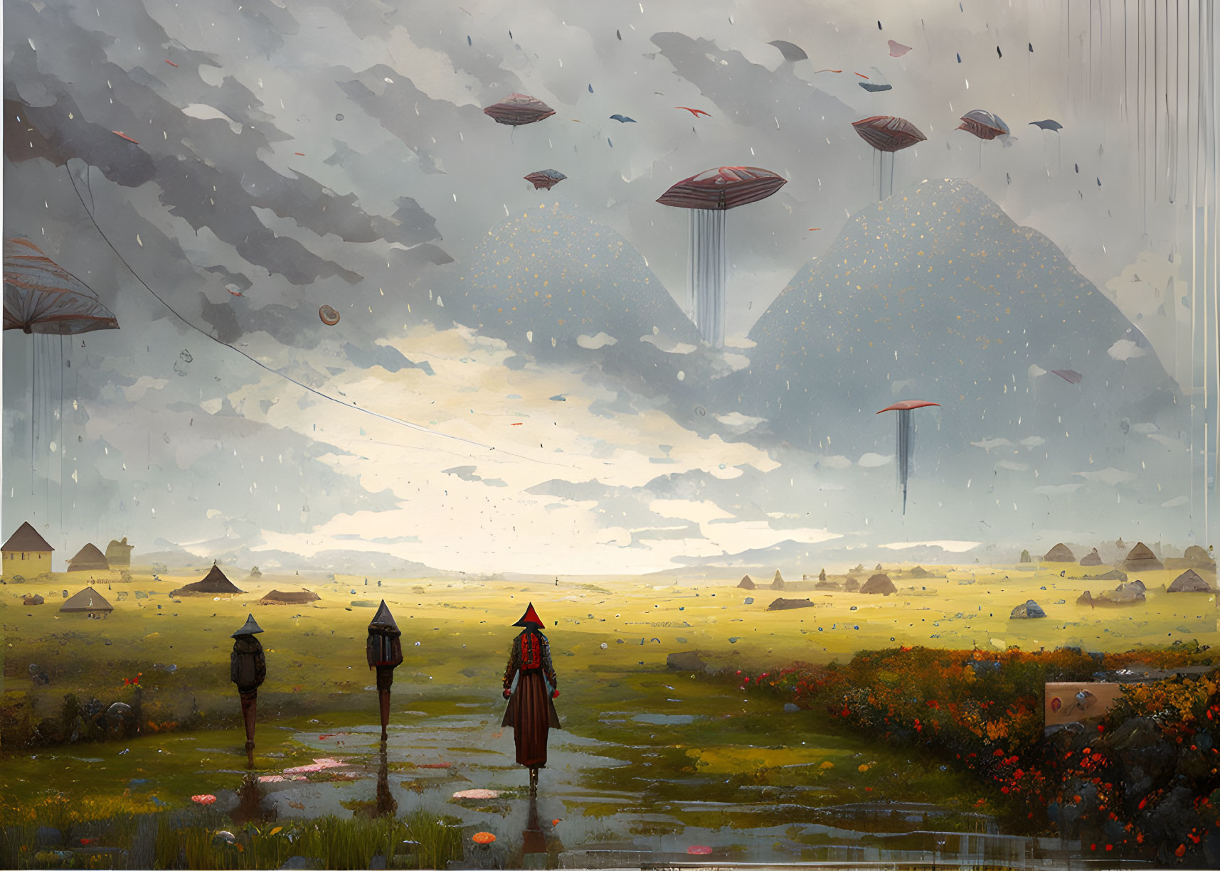 Floating island landscape with rain, umbrella-like structures, cloaked figure, and birds on a path