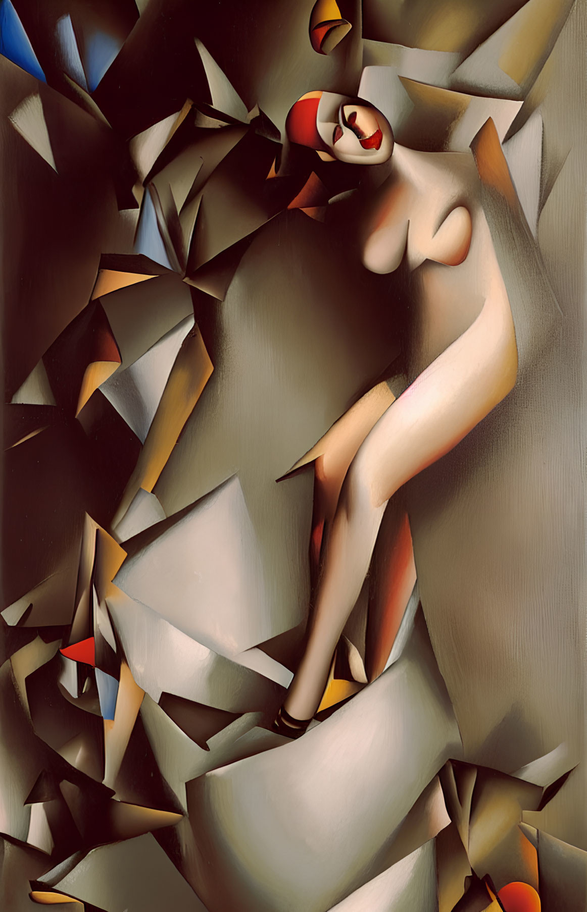 Fragmented Geometric Shapes and Stylized Human Figure in Warm Tones