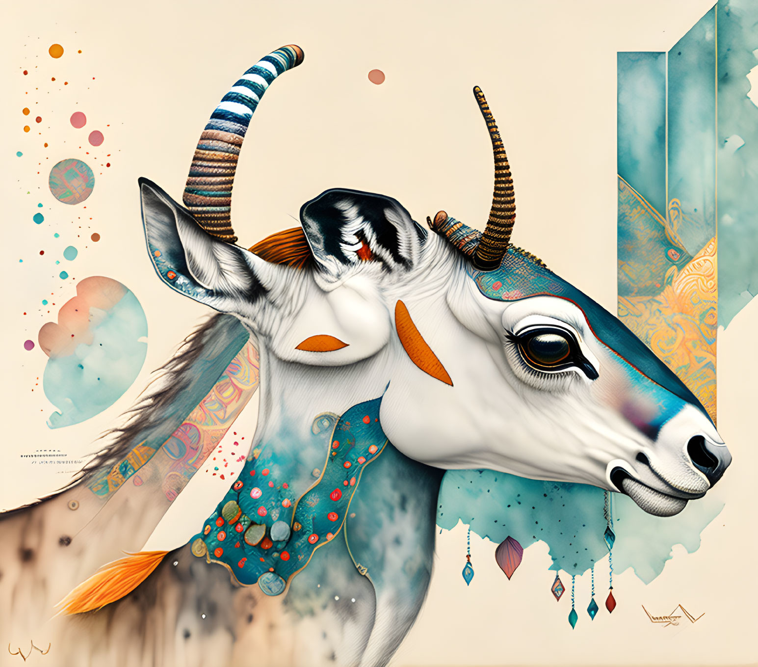 Two-Headed Goat Creature with Patterned Horns and Beads on Abstract Background