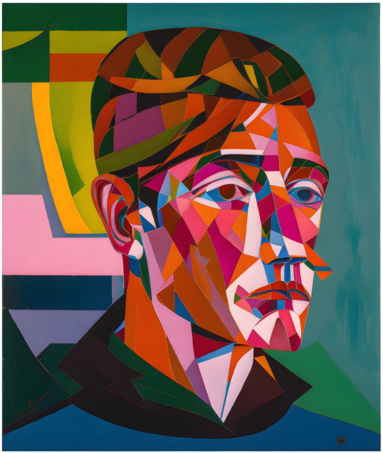 Vibrant cubist portrait of a man with angular features and hat