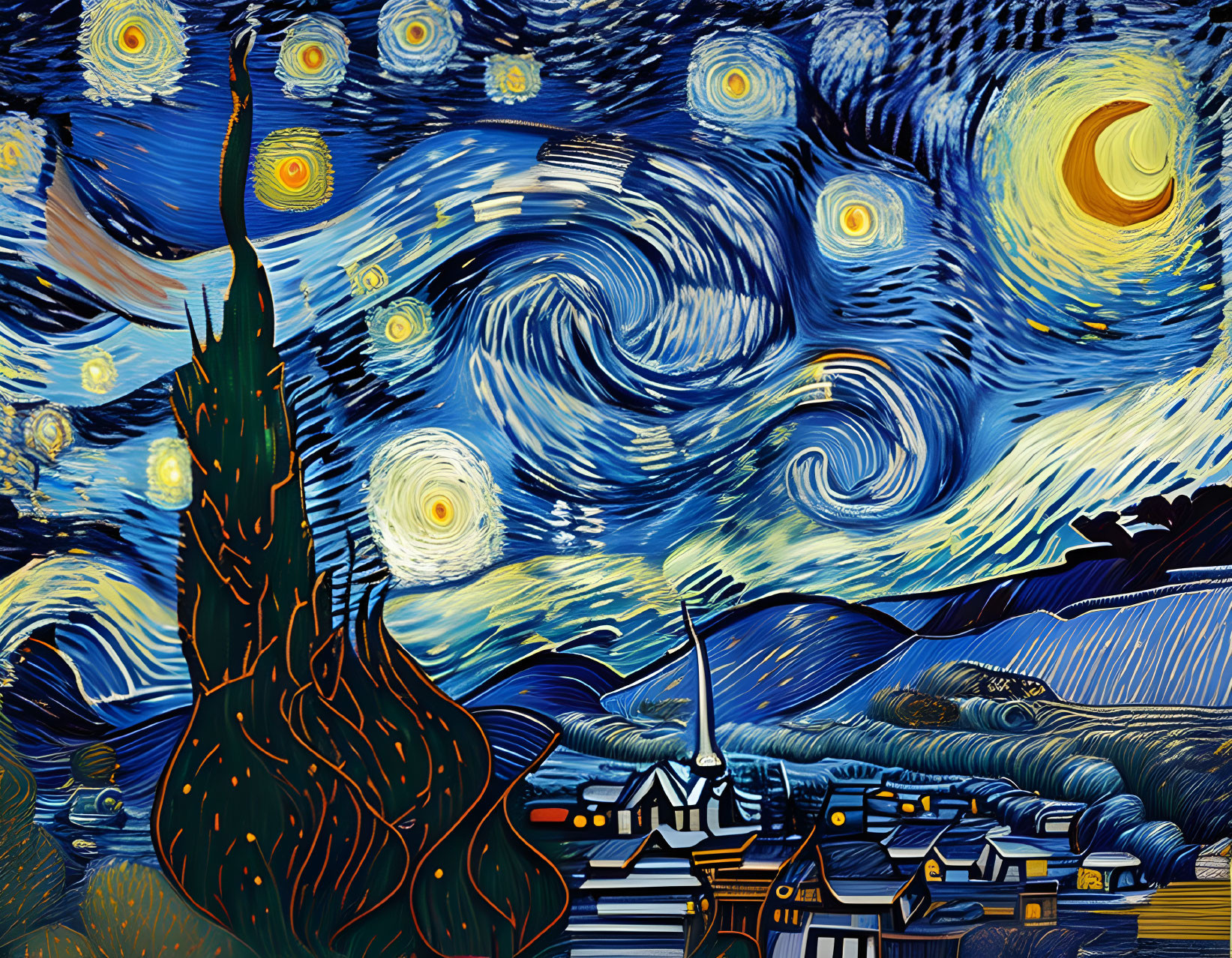 Vibrant swirling blue and yellow skies with stars, crescent moon, cypress tree, and