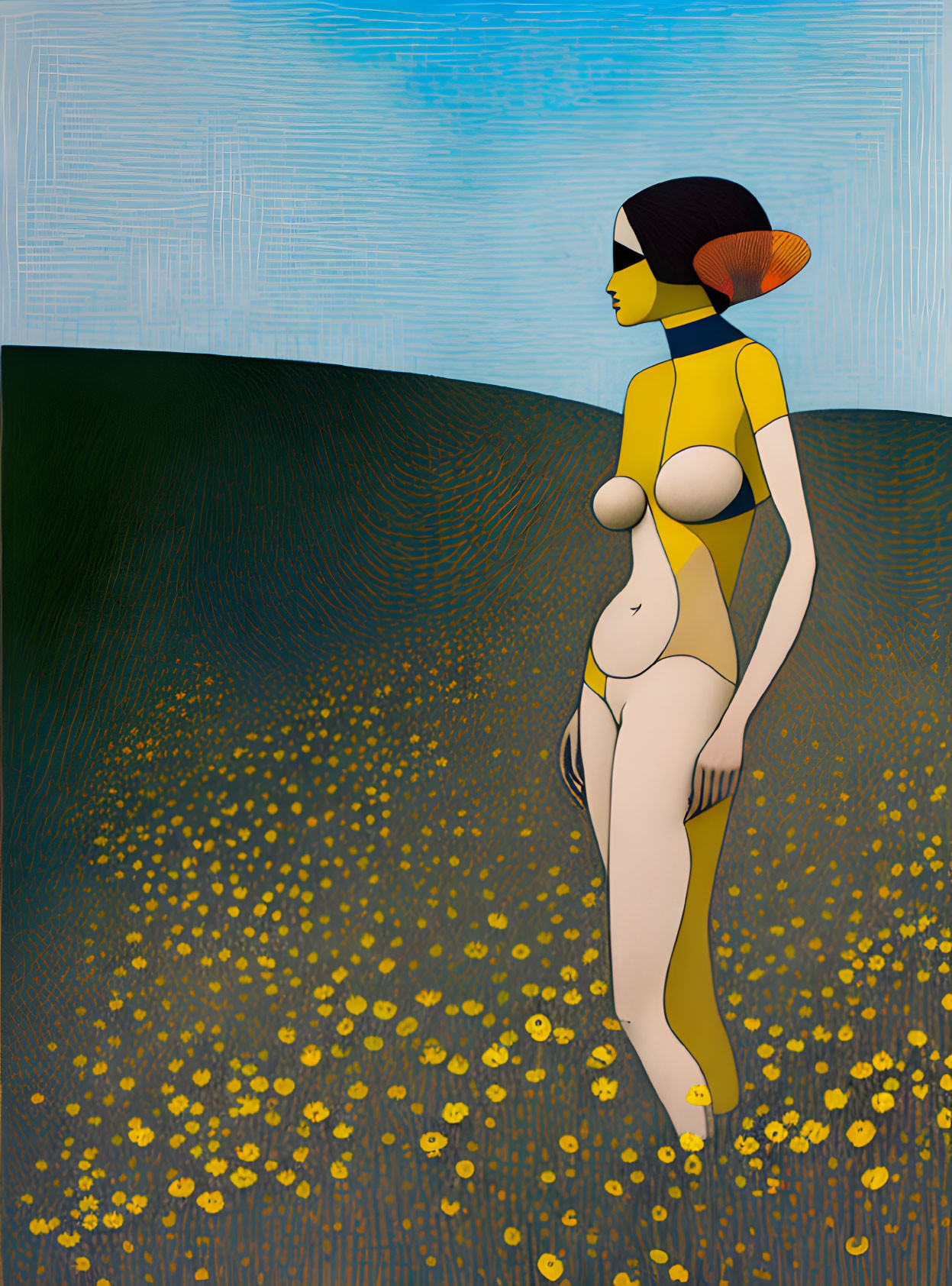 Abstract nude female figure with geometric shapes in yellow tones among flowers and blue sky