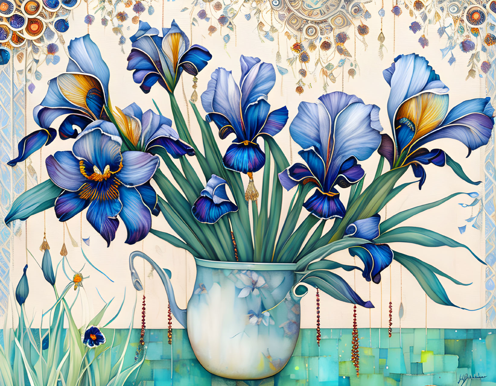 Colorful artwork: Blue irises in white vase with intricate background.