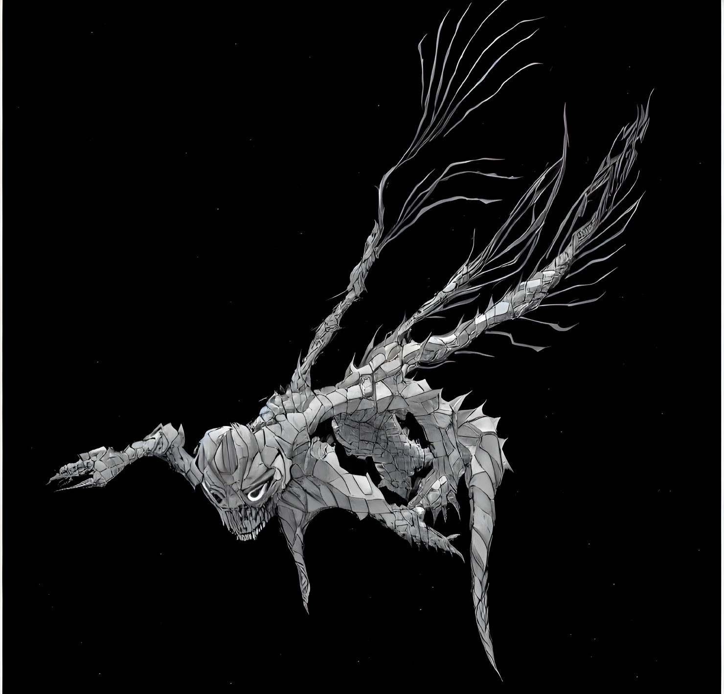 Detailed monochrome dragon illustration with elongated wings and spiky tail.