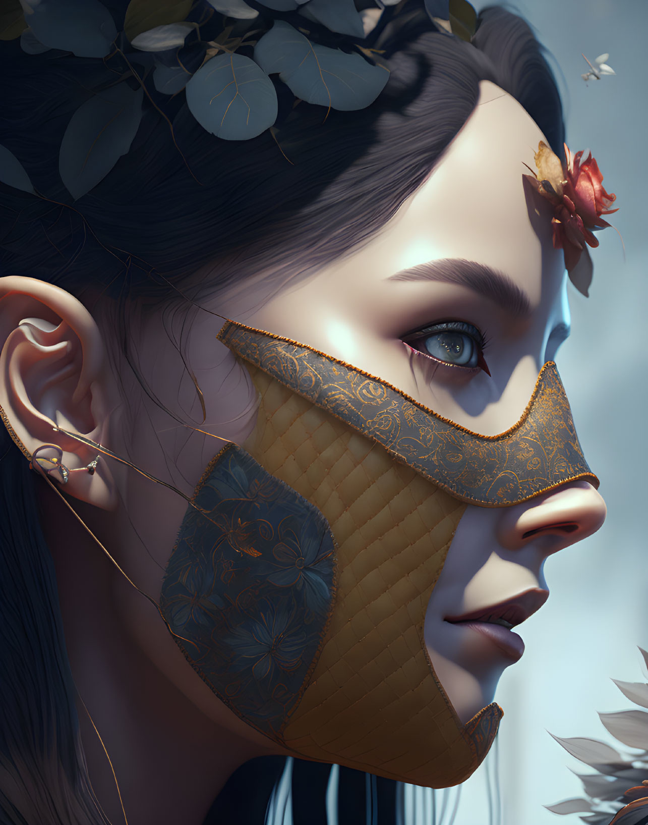 Digital artwork: Woman with golden mask, floral patterns, and leaf crown