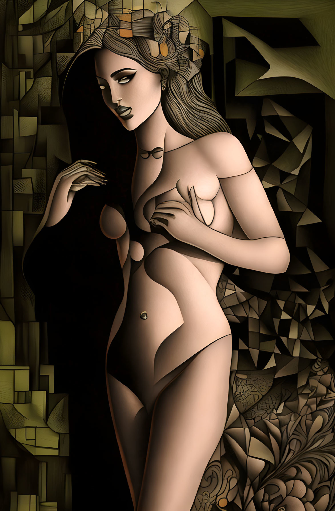 Cubist nude female figure with golden skin on dark geometric backdrop