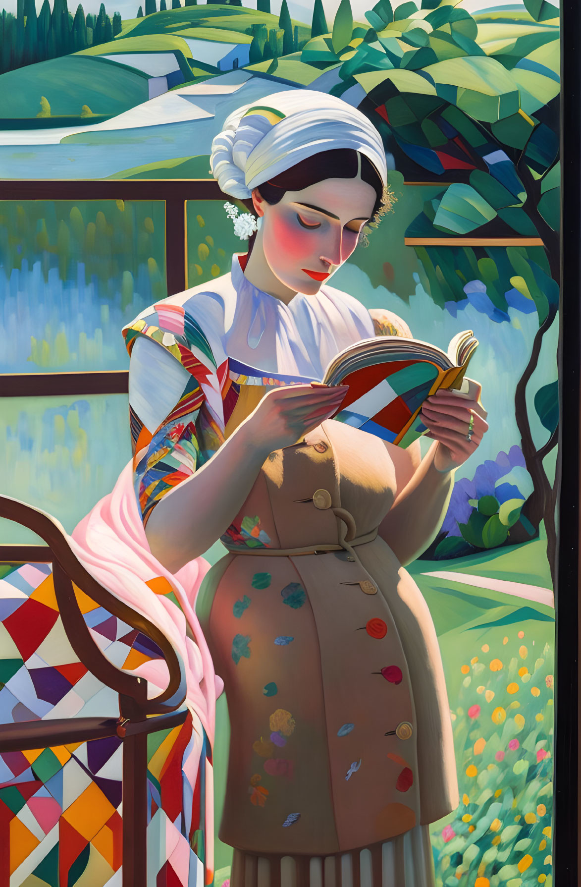 Woman in traditional attire reading book by quilt-draped railing with landscape backdrop