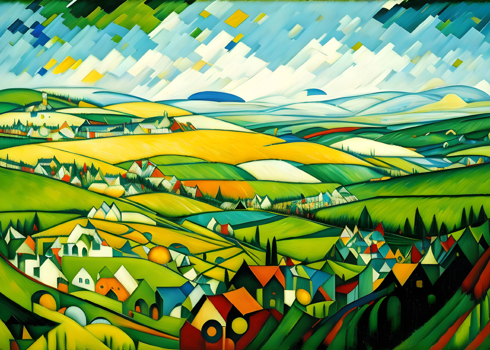 Colorful landscape painting with rolling hills and whimsical houses under a geometric sky