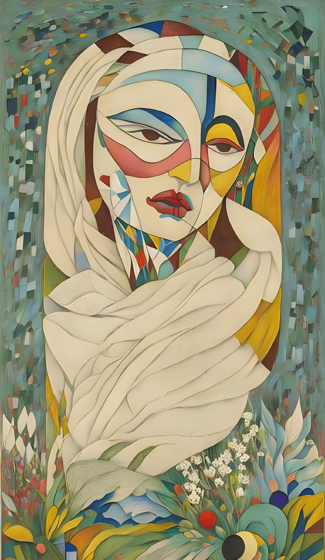 Colorful Cubist-Style Portrait with Faceted Face and Botanical Accents