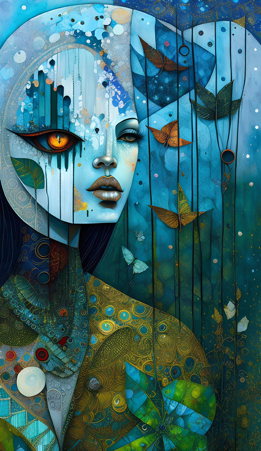 Intricate artwork of woman with golden eye amid nature, leaves, mechanical parts in blue tones