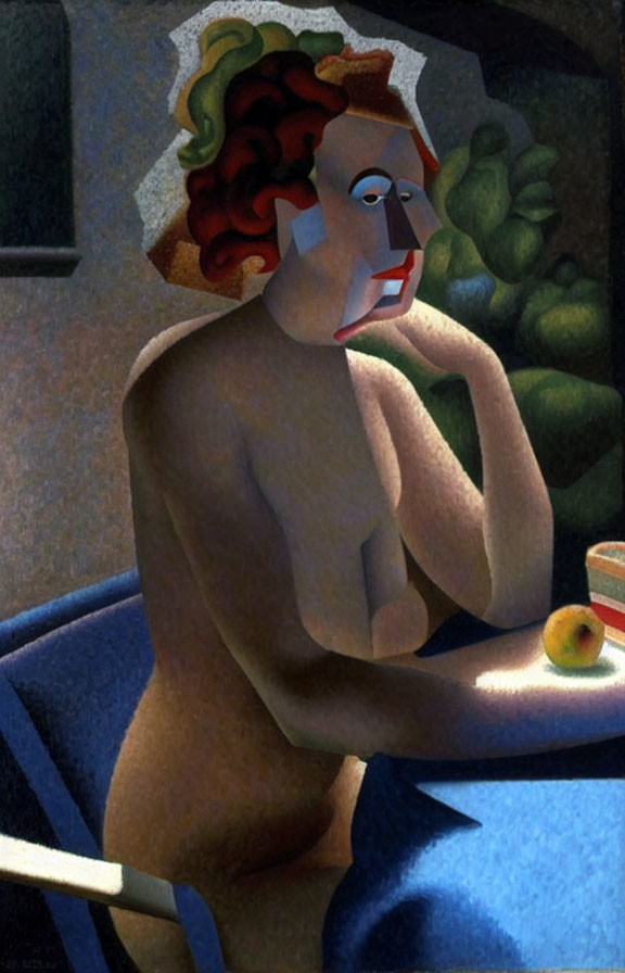 Cubist Nude Figure with Fruit on Table in Geometric Style