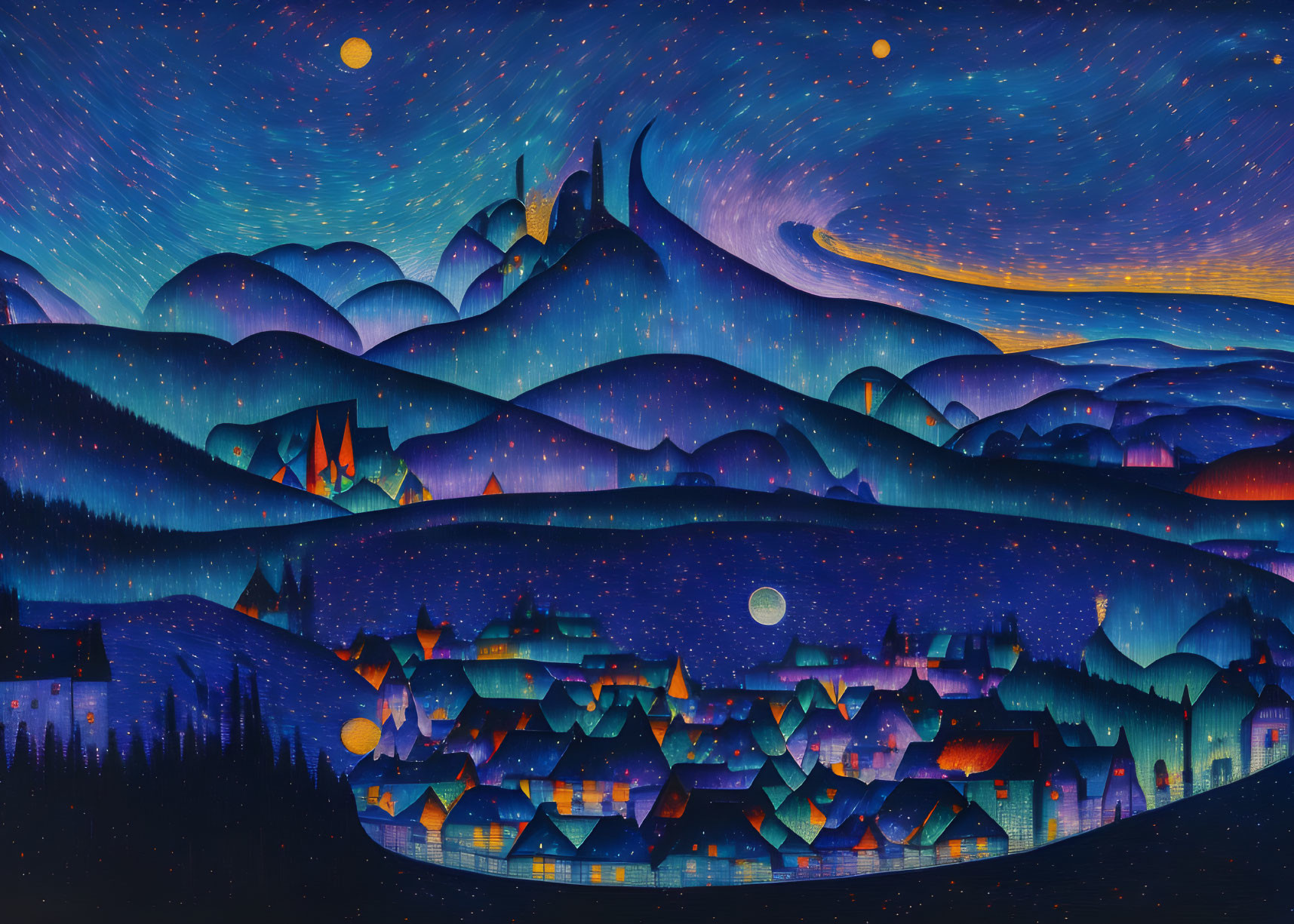 Stylized night-time village painting with celestial sky