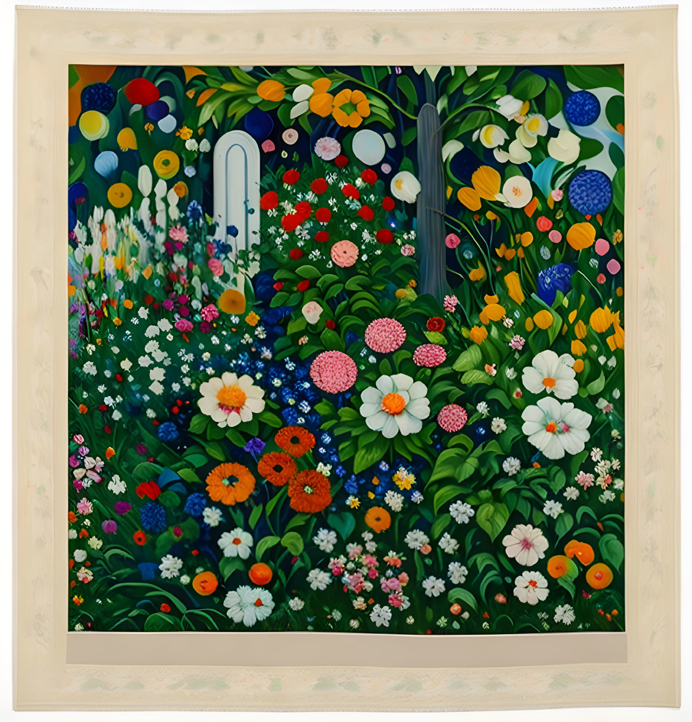 Vibrant garden painting with diverse flowers and white door in light wood frame