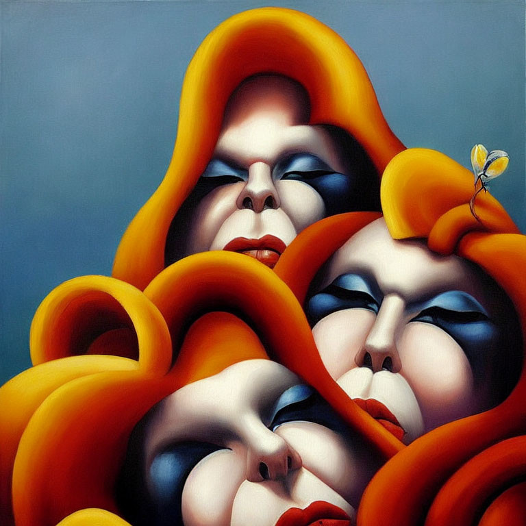 Surreal painting with intertwined faces and orange-yellow abstract shapes