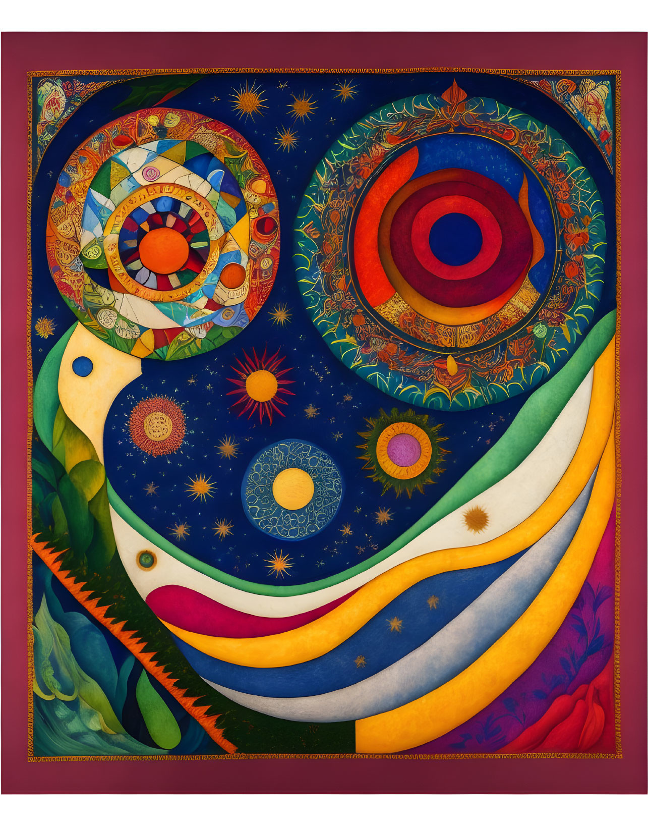 Colorful Cosmic Abstract Painting with Swirling Patterns & Celestial Bodies