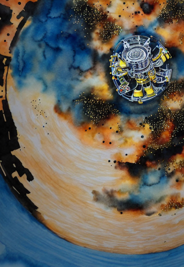 Futuristic space station orbiting planet in watercolor