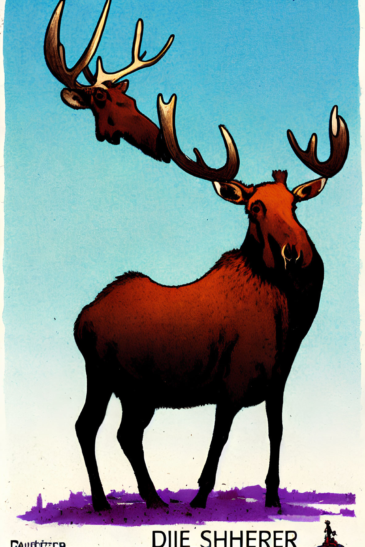 Two Elk with Prominent Antlers Against Blue Sky Signed by Artist