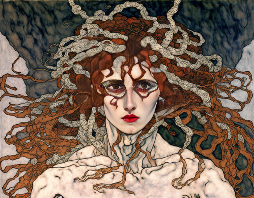 Pale-skinned woman with red serpentine hair and piercing gaze in dark swirling backdrop