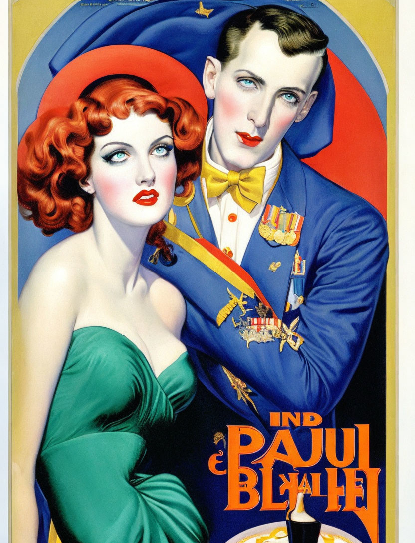 Vintage Poster: Red-Haired Woman & Military Man in Green Dress & Uniform