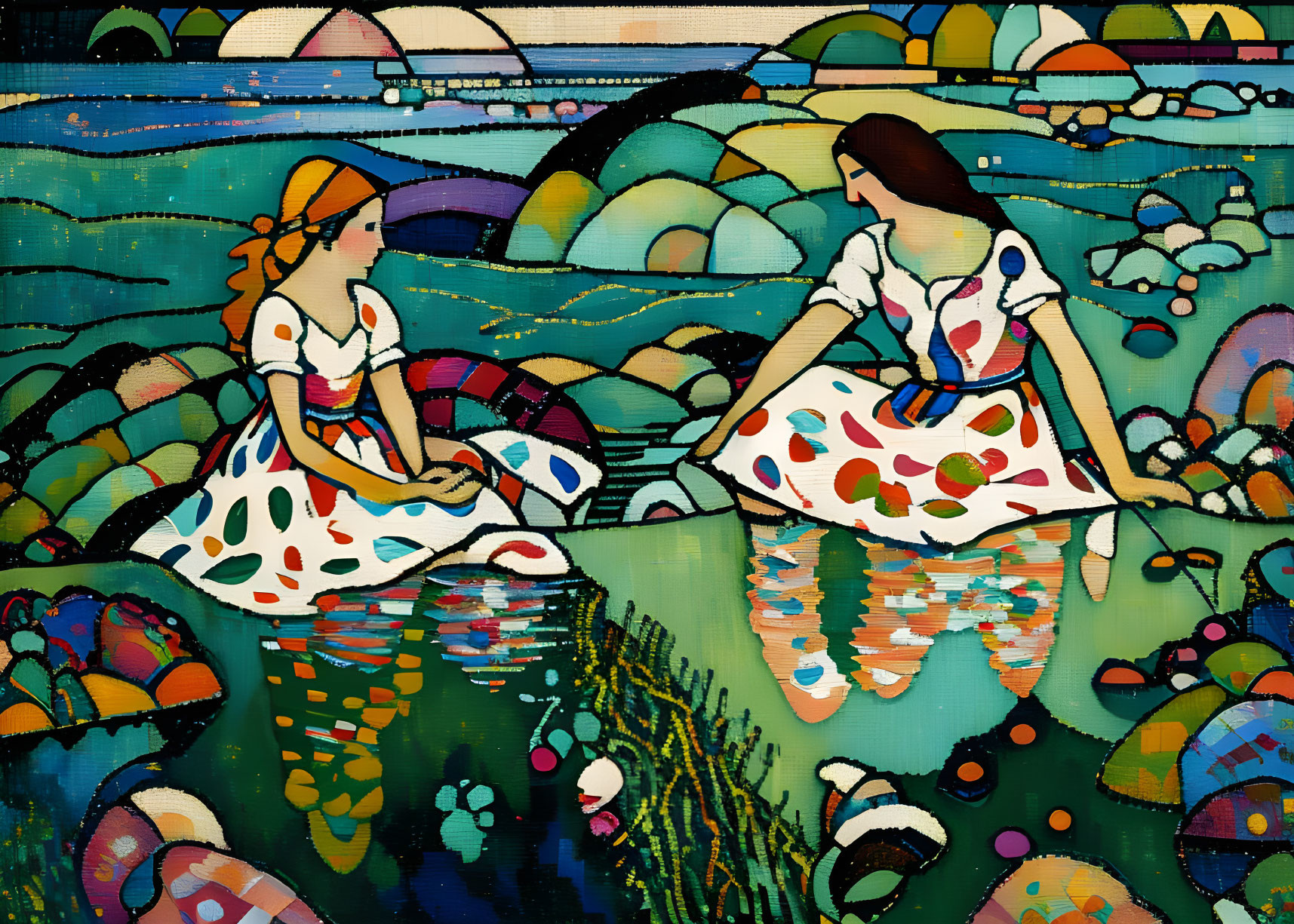 Two women in patterned dresses in colorful, stylized landscape