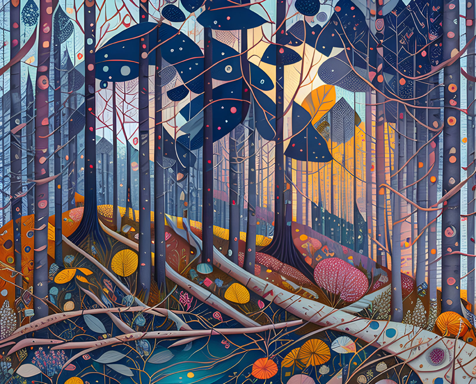 Colorful Stylized Forest Scene with Vibrant Trees & Foliage