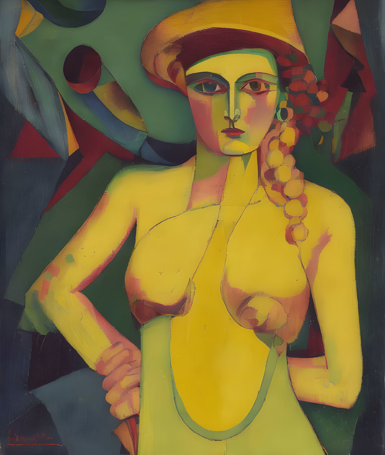 Colorful abstract portrait of a woman in a green dress with yellow skin and geometric shapes.