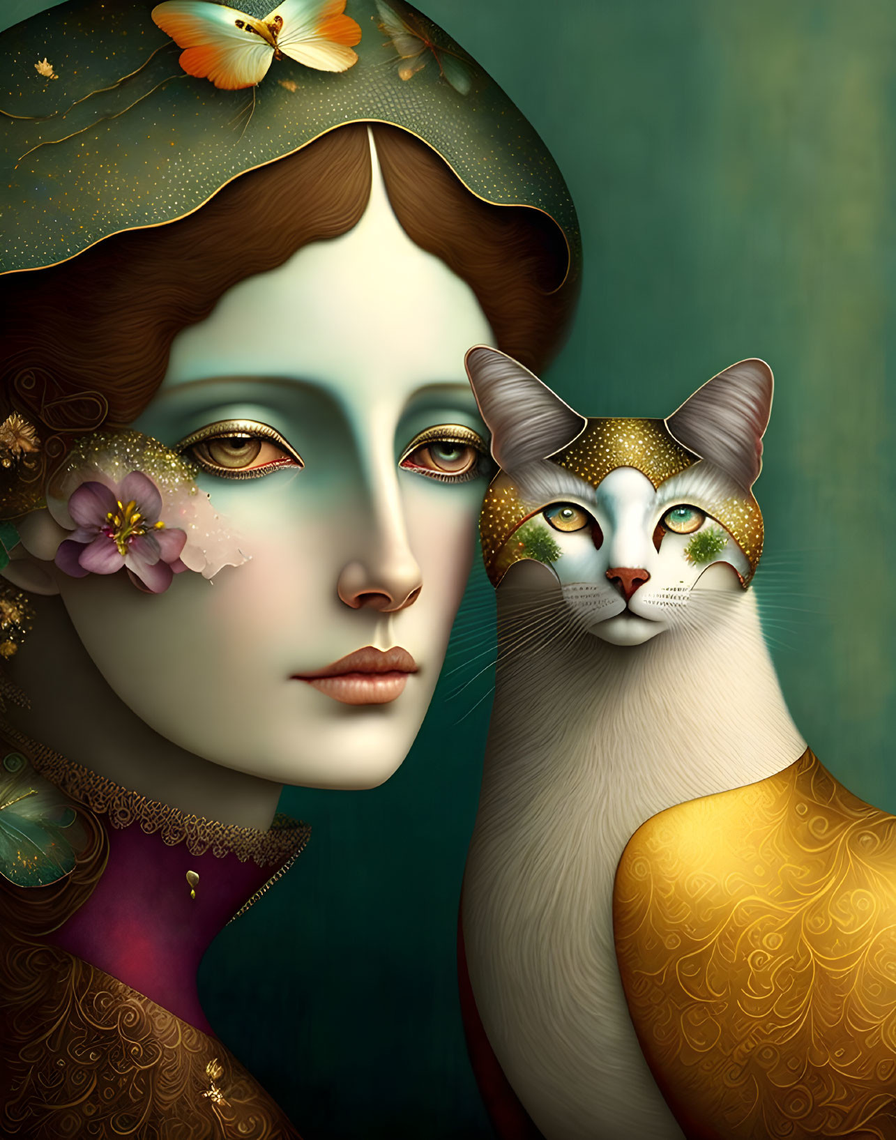 Surreal portrait of woman and cat with floral and bejeweled headdresses