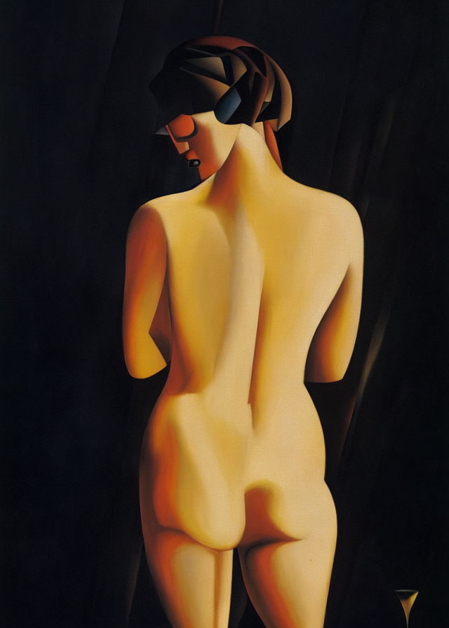 Stylized nude figure in elongated form against dark backdrop