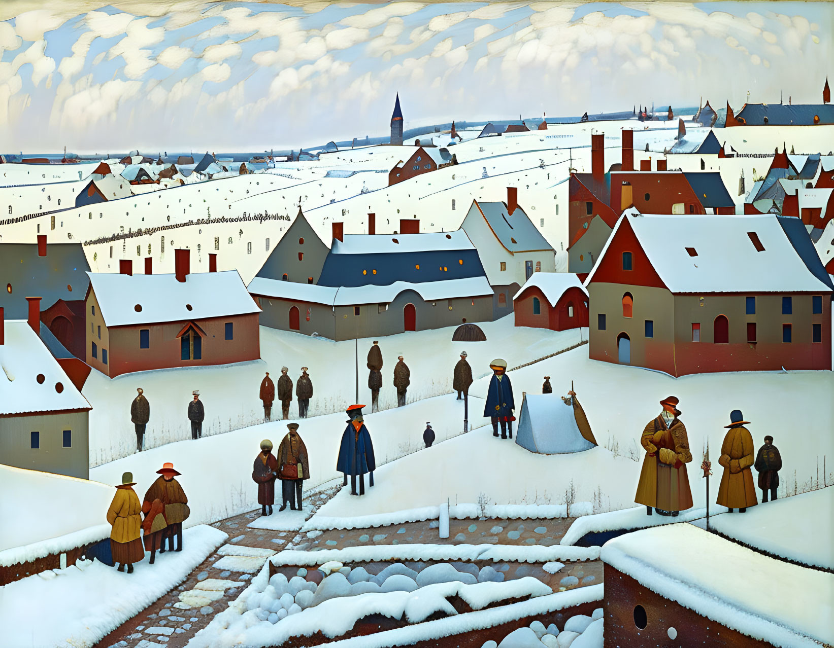 Snowy village painting with period clothing, red roofs, and white landscape.