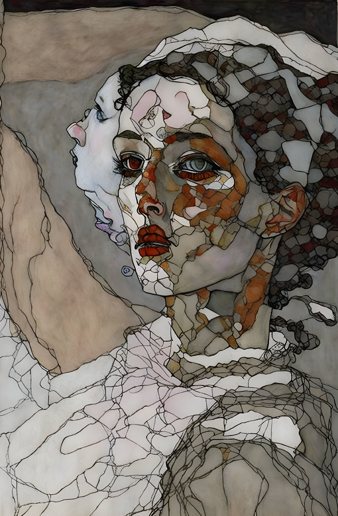 Abstract mosaic-like woman's face in earthy tones