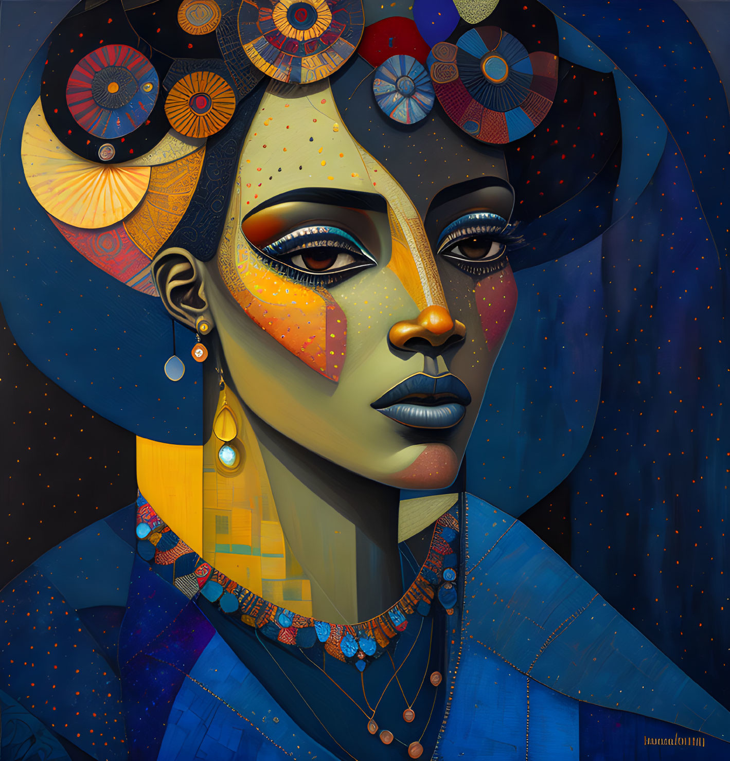 Stylized digital artwork: Woman with cosmic, geometric motifs