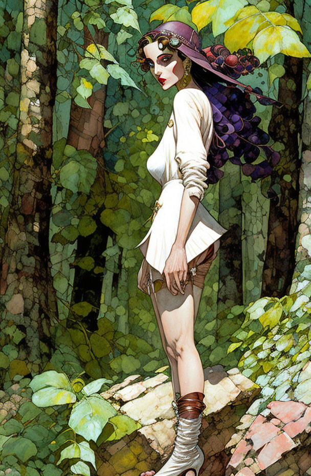 Illustration of woman with grape-like hair in forest wearing cream outfit