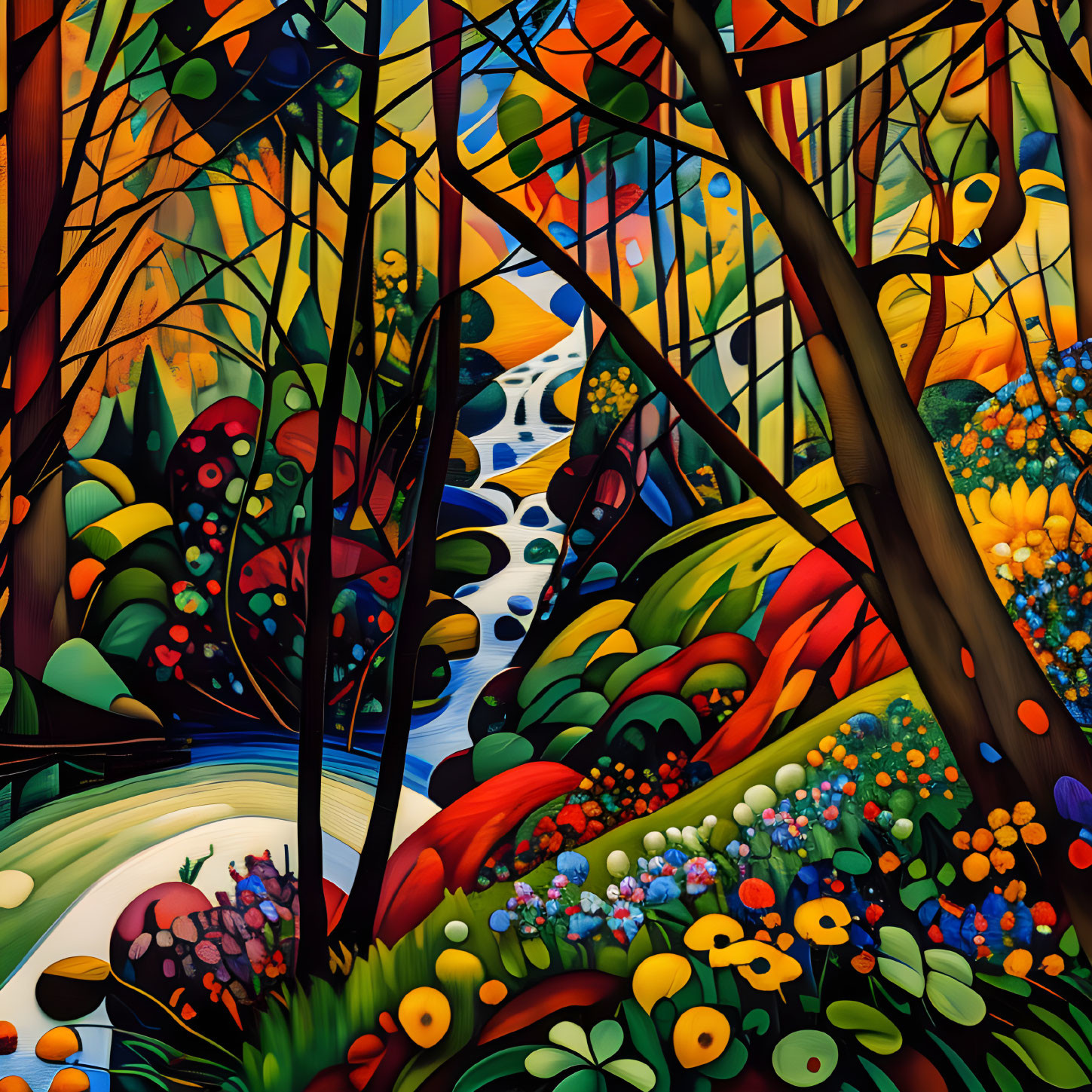 Colorful forest illustration with stylized trees, flowing river, and abundant flora