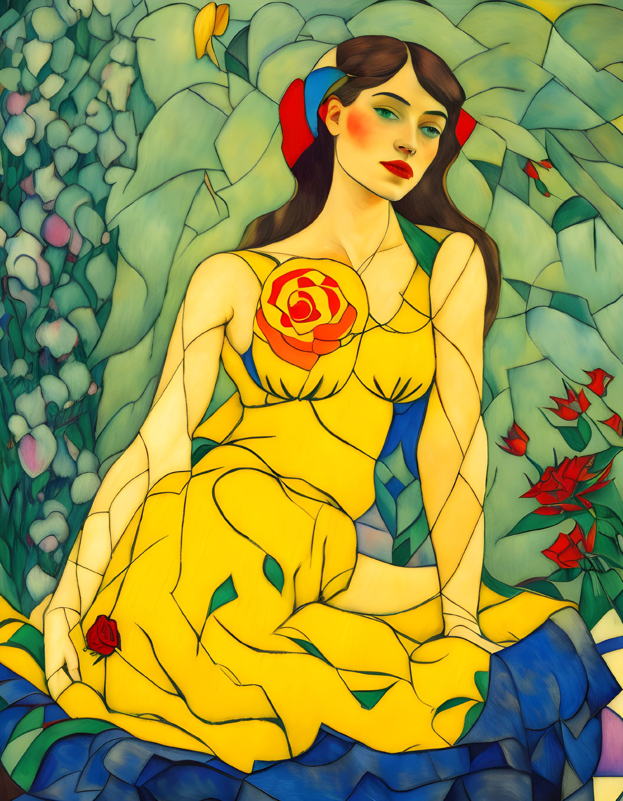 Stylized painting of woman with red hair in yellow dress among green foliage