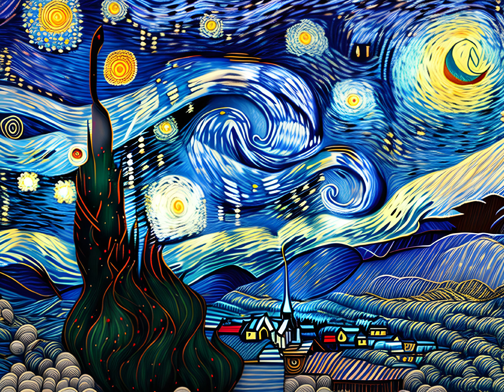 Starry Night painting with swirling sky, moon, stars, cypress tree, and village