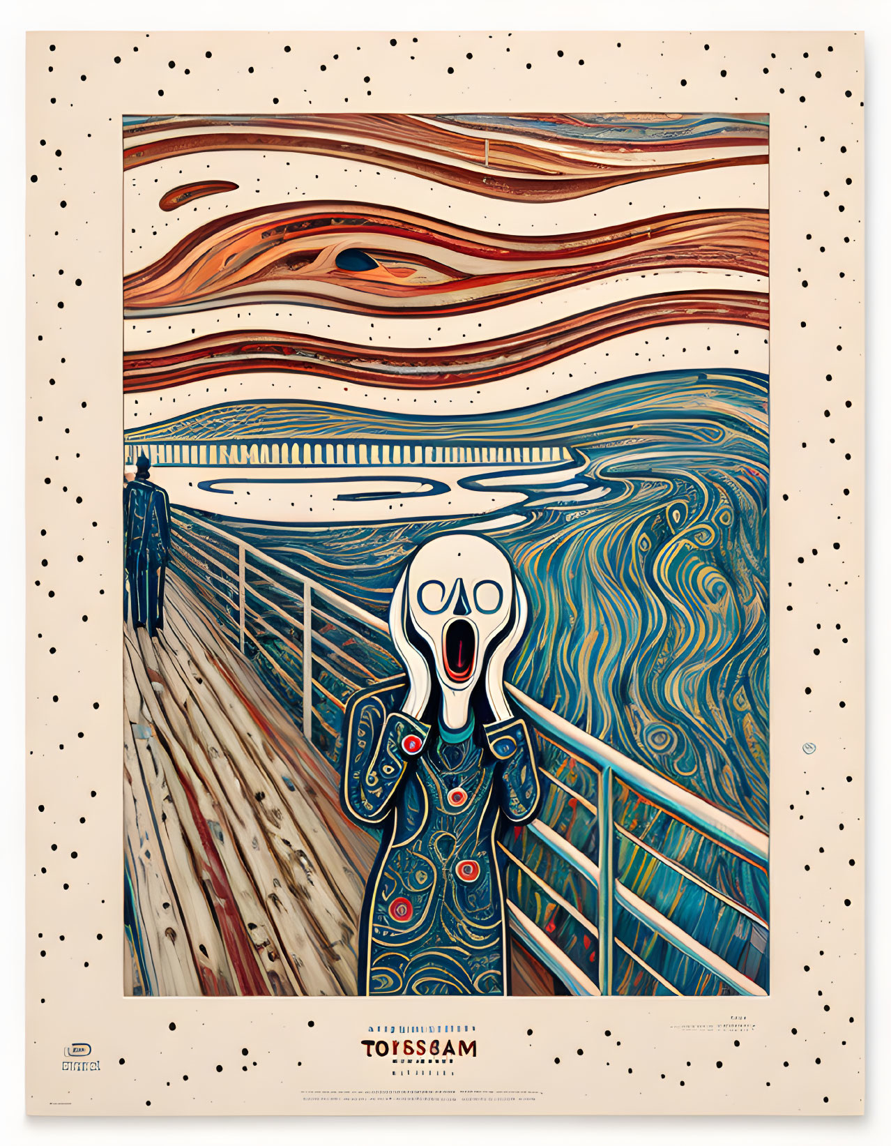 Poster featuring fusion of "The Scream" and "Starry Night" with figure on bridge and