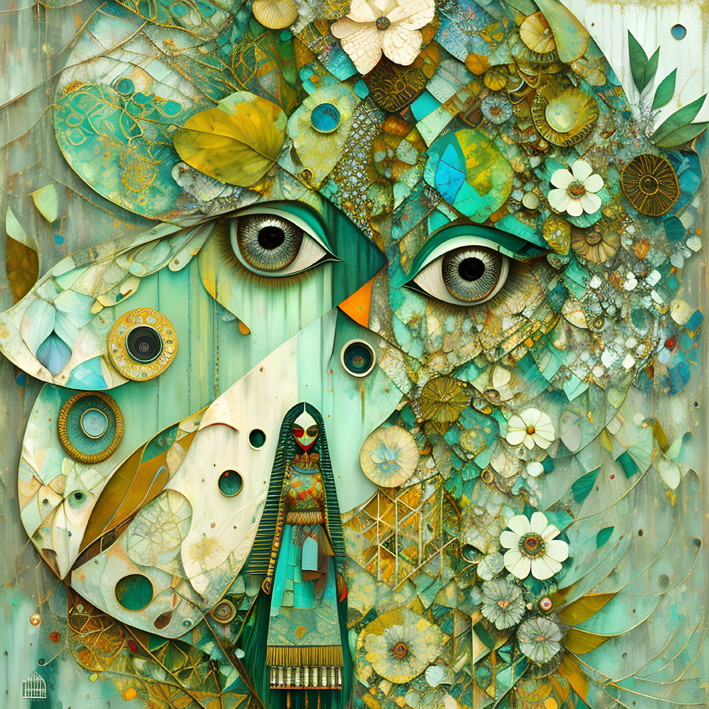 Abstract digital collage of woman's face with intricate patterns, floral, butterfly, and mechanical elements