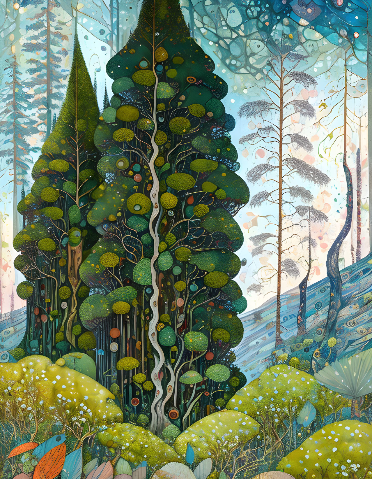 Whimsical forest scene with stylized trees and mystical atmosphere in greens, blues, and earth tones