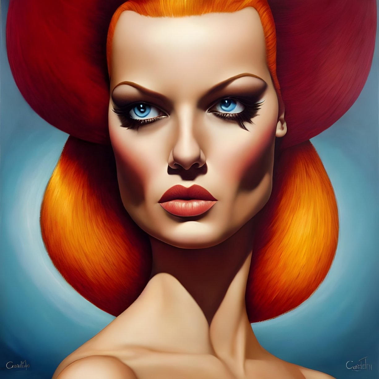 Stylized digital portrait of a woman with blue eyes and red hair