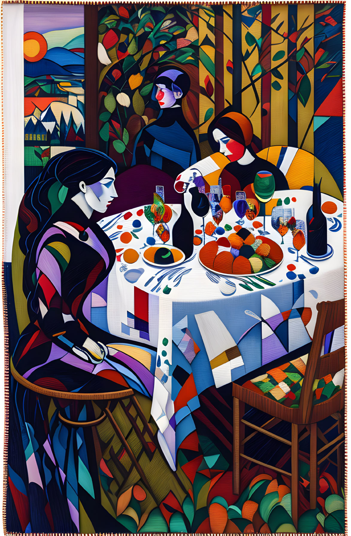 Vibrant illustration of three figures at table with fruit and drink