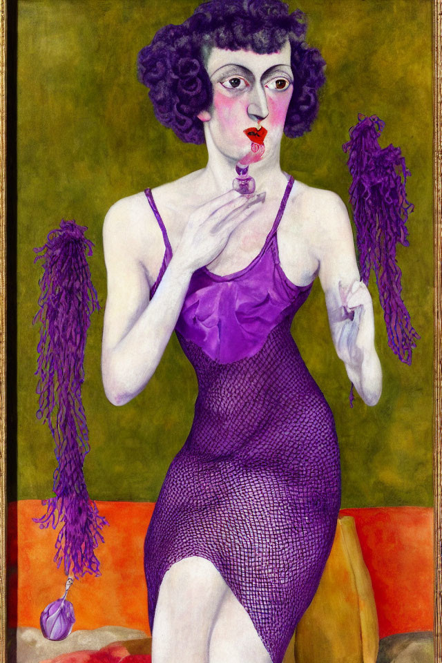 Seated figure in purple dress with fishnet details applying lipstick