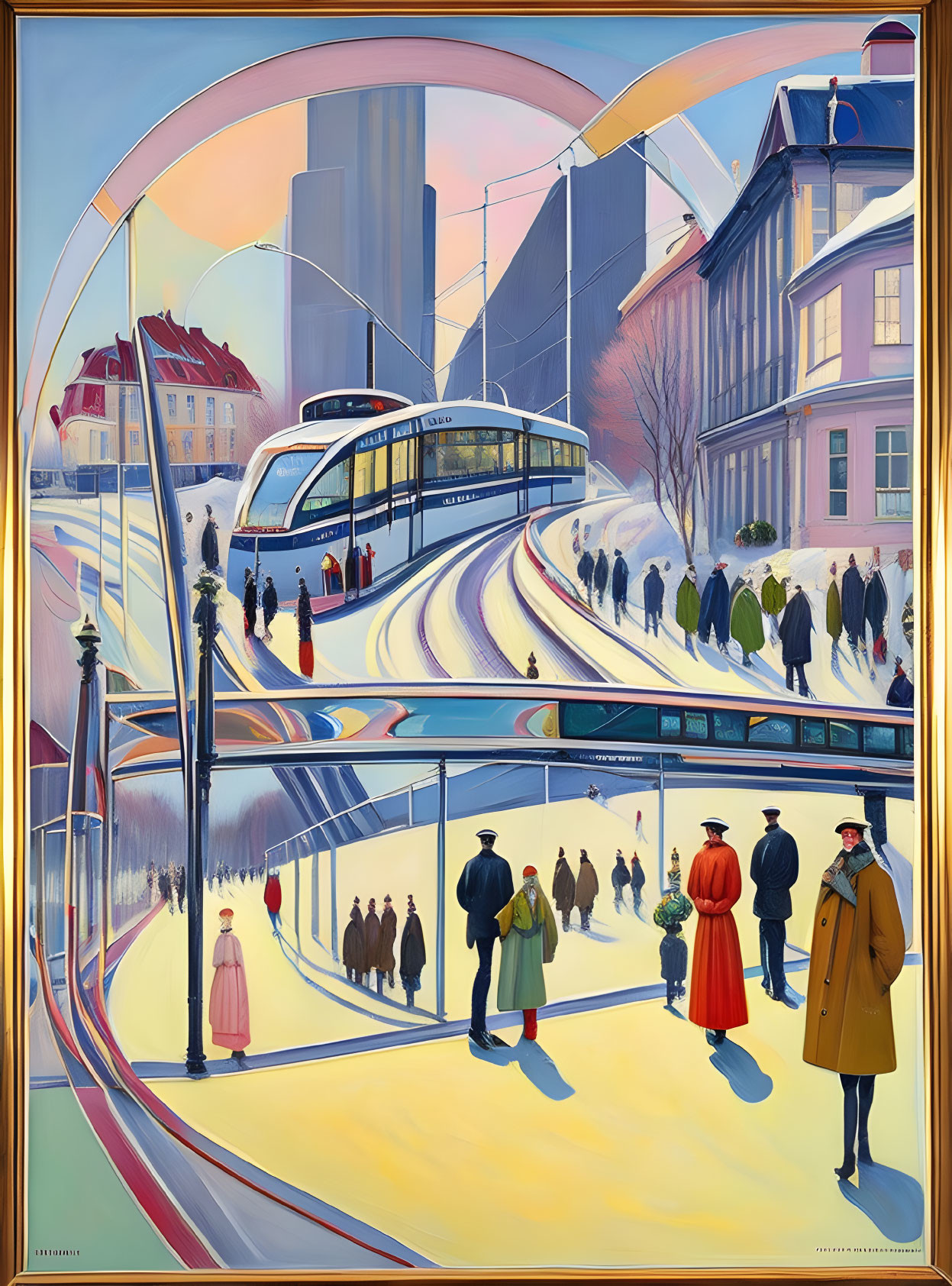 Vibrant cityscape painting with tram, pedestrians, and diverse architecture.