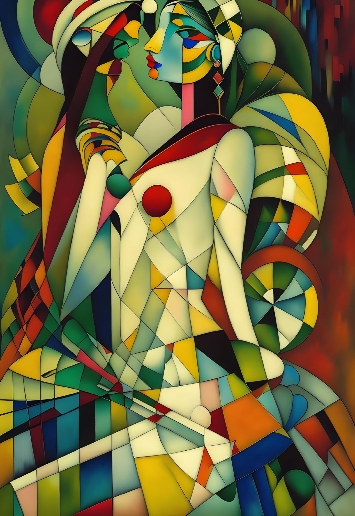 Colorful Cubist Artwork Featuring Stylized Woman in Geometric Patterns