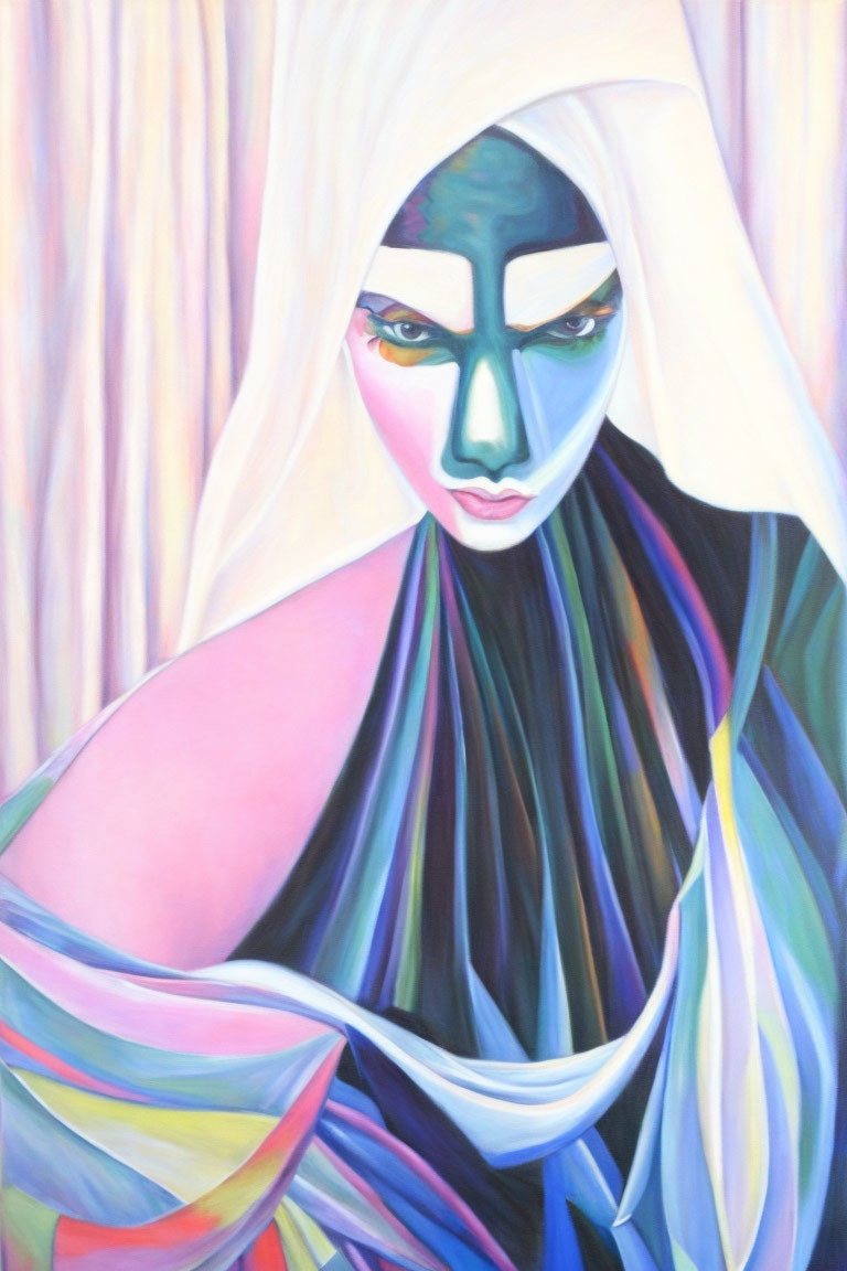 Vibrant painting of stylized female figure in flowing multicolored garments