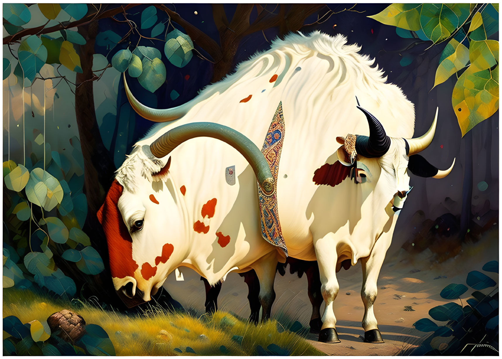 Colorful Illustration: White Bull with Orange Spots in Decorated Forest