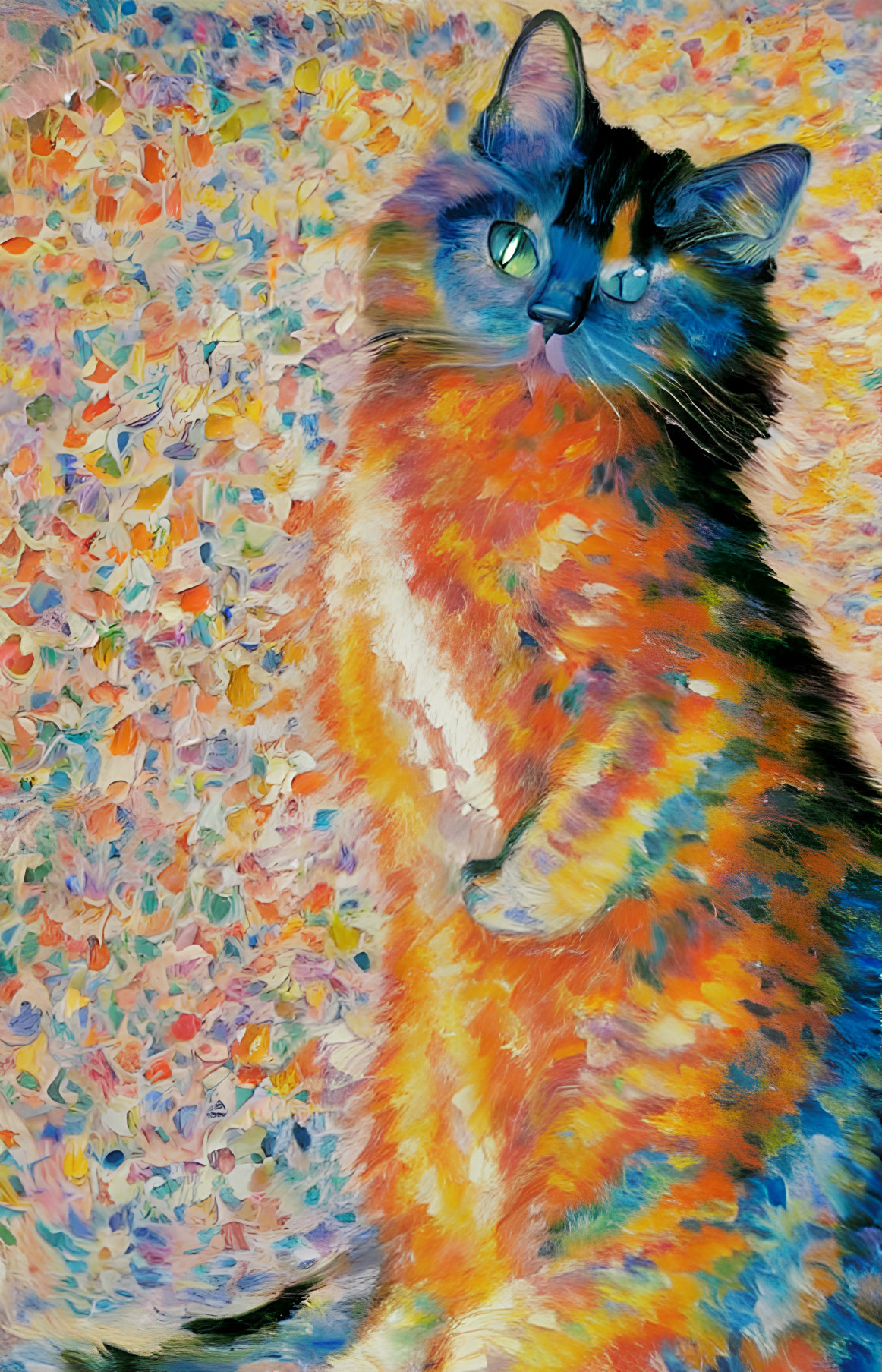 Vivid Impressionistic Cat Painting with Blue Eyes