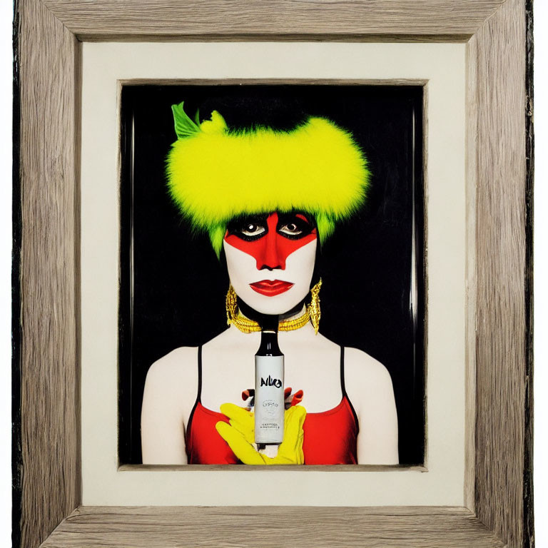 Woman with dramatic makeup and yellow fur hat in wooden frame.