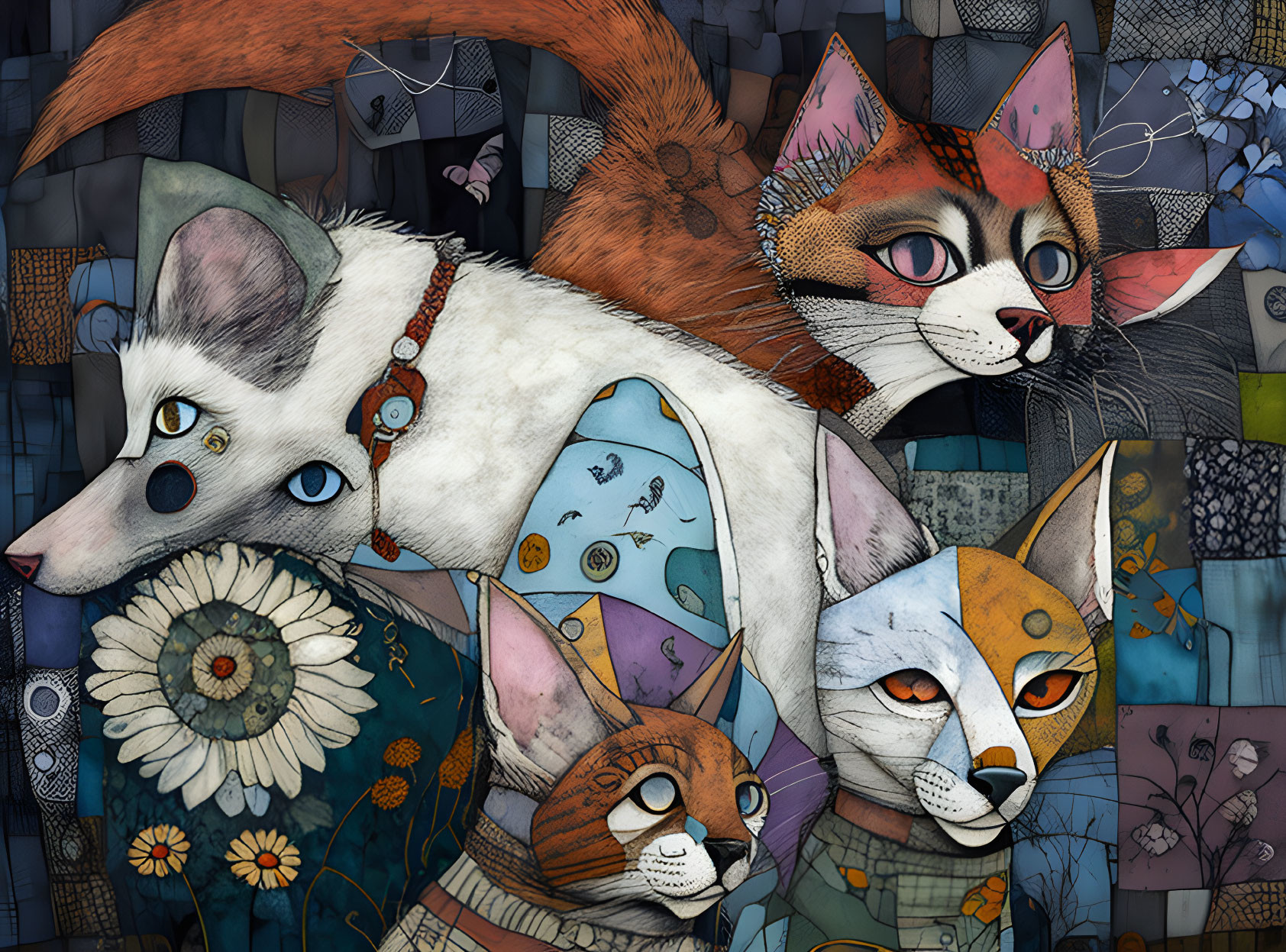 Stylized anthropomorphic animals with fox and cat features in front of floral mosaic backdrop